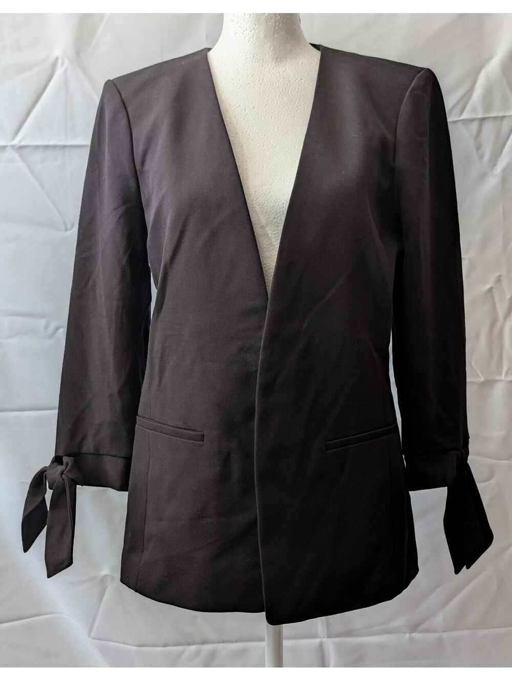 Ann Taylor Factory Black Blazer Size2 Women's Open Front Lined Tie Sleeves NEW